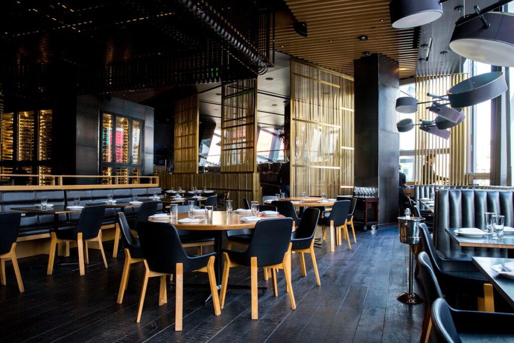 Warm local restaurant dining room